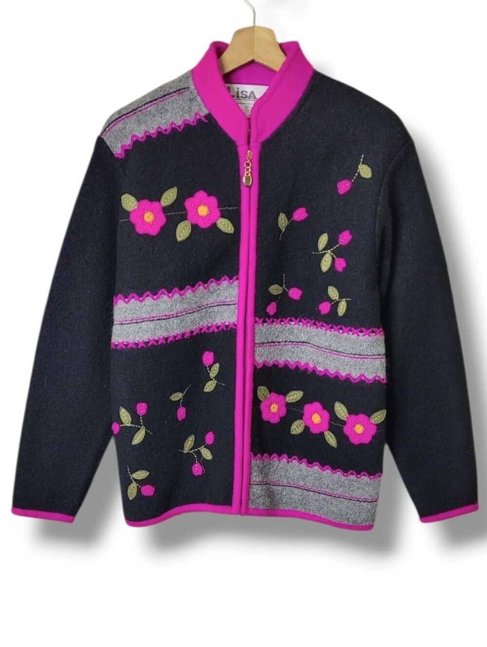 Vintage Lisa International Wool Cardigan Sweater Pink Black Floral Cottage